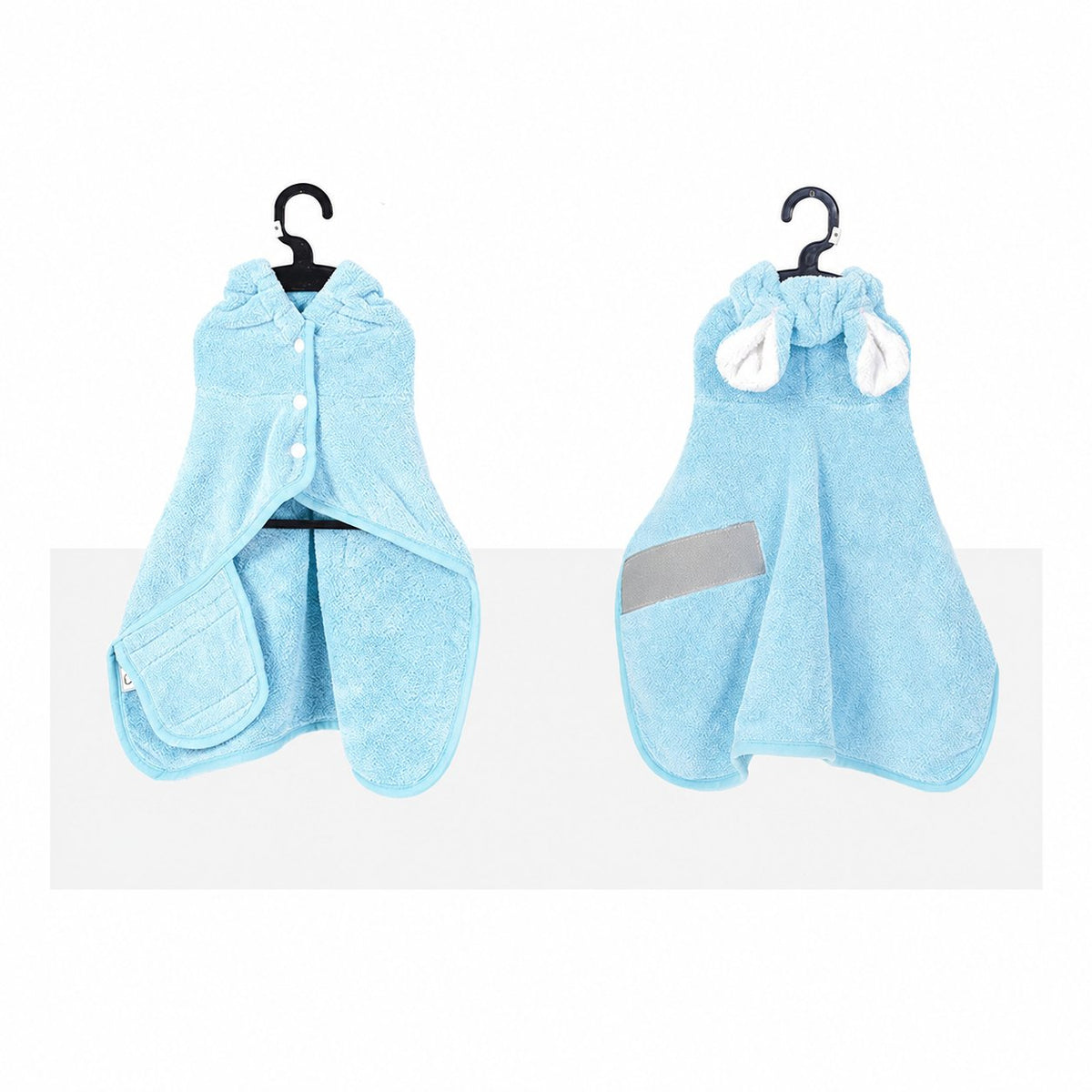 Blue drying robe shown from the front and back